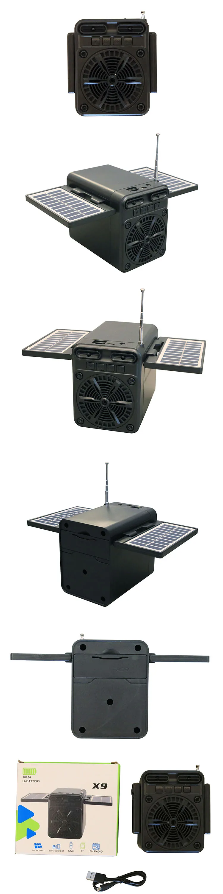 X9  fm radio blueteeth speaker with double solar panel usb tf card player lithium recharge battery