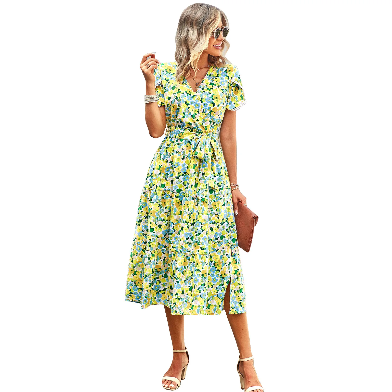 PRETTY STEPS Bandeau big swing dress 2023 summer solid color temperament casual long dress