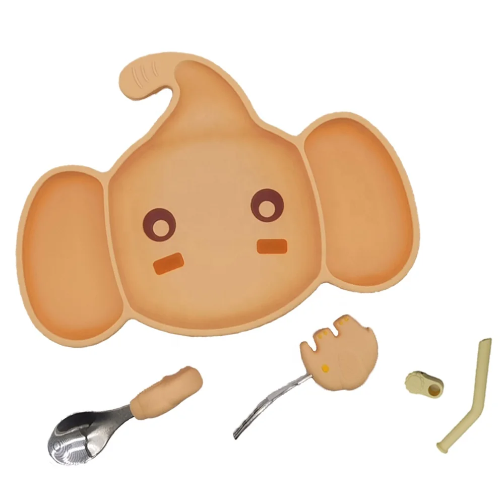 Желтого цвета с принтом в виде слона для форма мыть в посудомоечной машине, всасывания детская тарелка силиконовая ложка Вилка Соломы Набор для кормления ребенка пластины кремния