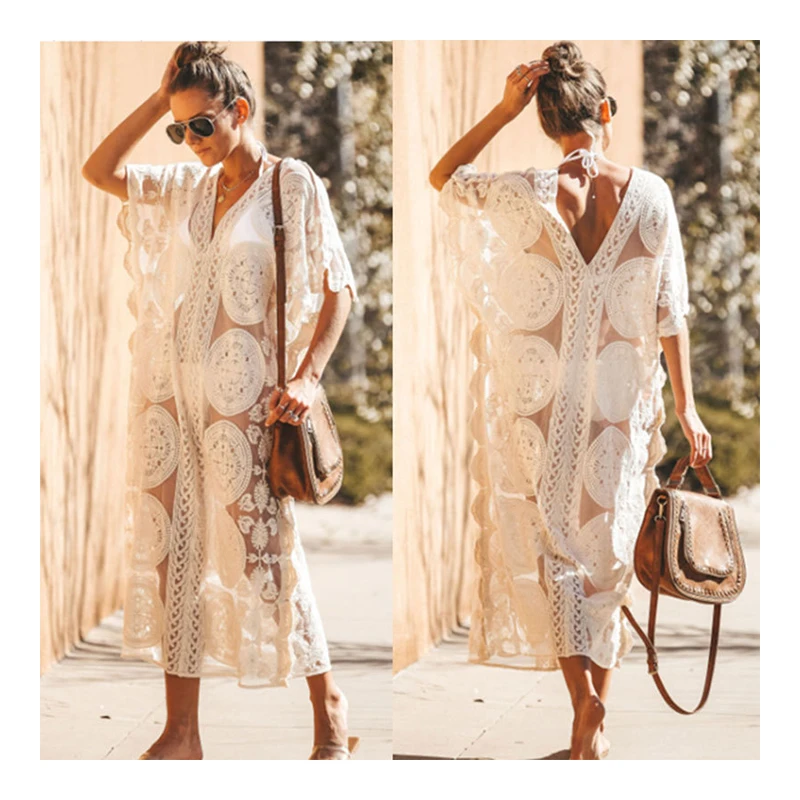 Beach Kimono Dress Women Cotton Lace Bathing Suit Swimsuit Cover Ups Summer Wear Ladies Tunic Bikini Kimono Cardigan Floral Croc