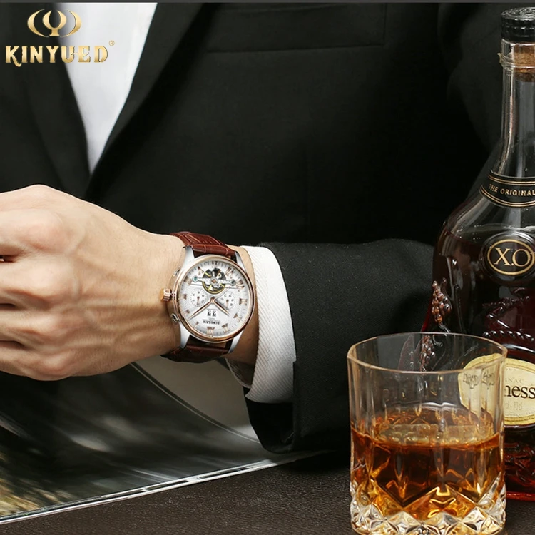 Повседневные модные мужские часы KINYUED J012 с кожаным ремешком и турбийоном автоматические механические наручные 12