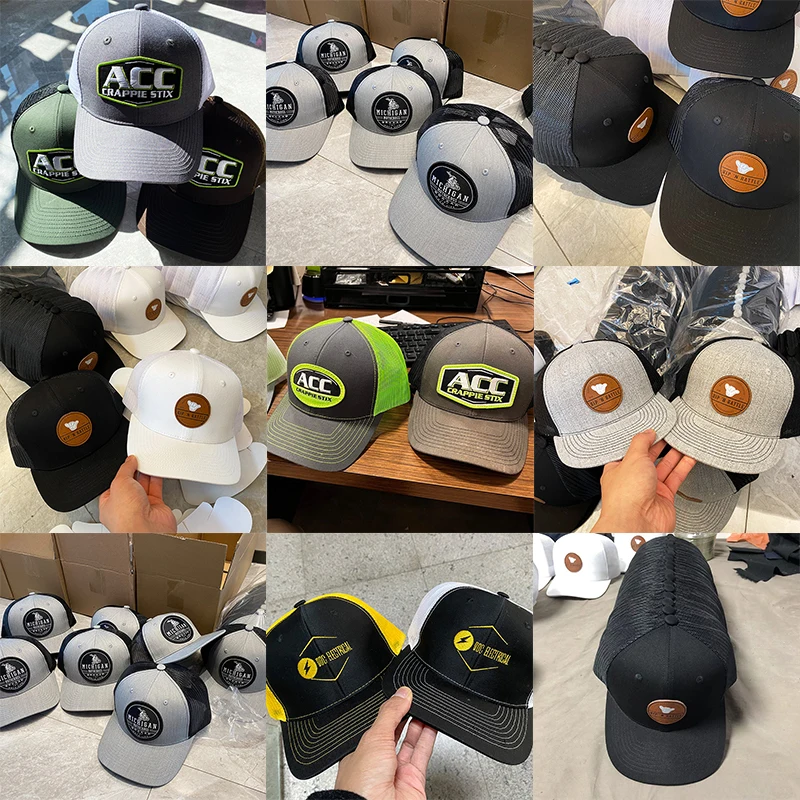 Custom Embroidery Leather Patch Fitted Baseball Caps Camo Trucker Hat Richardson 168 7-Panel Flat-Bill Trucker Hat