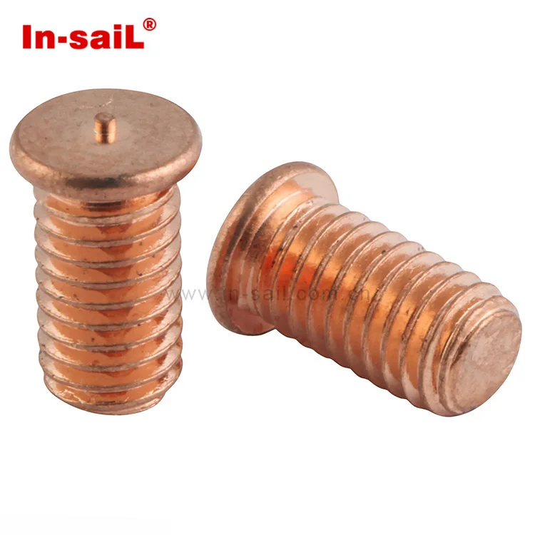 Brass copper-plated capacitor discharge threaded weld stud for sheet metal