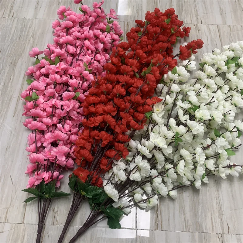 QSLH-CF263 New Design 30 Forks Peach Flower Bouquet Silk Artificial Flowers Cherry Blossom Tree Artificial Peach Blossom