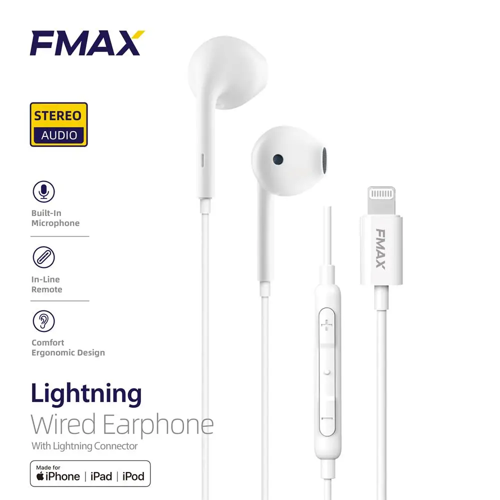 FMAX factory price 1.2m wired earphones for Iphone Lightning Earphones for Apple For iPhone iPad mobile phone