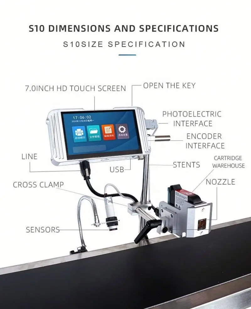 S10 online automatic L3 jet printer date batch number packaging plastic bag assembly line inkjet printing two-dimensional code