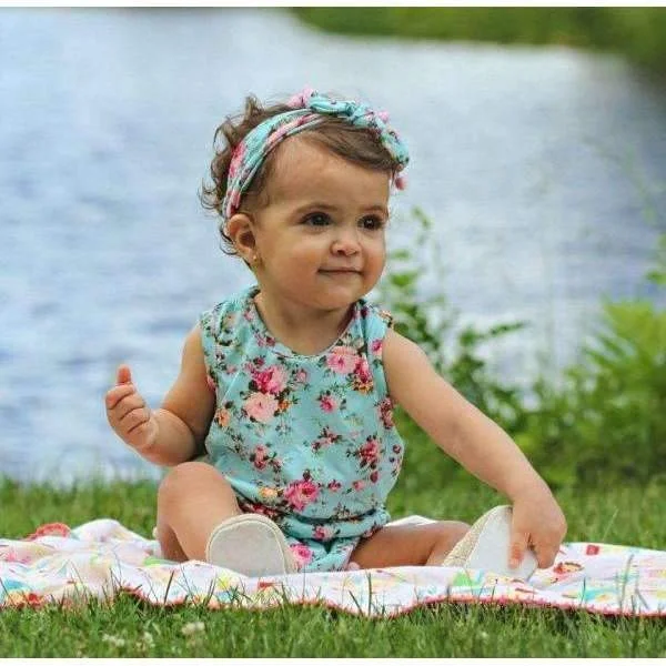 Wholesale newborn baby clothes cute Ball Tassel Ruffle Romper Baby Girls Flamingo Printing Headband 2pcs ROMPER TEAL