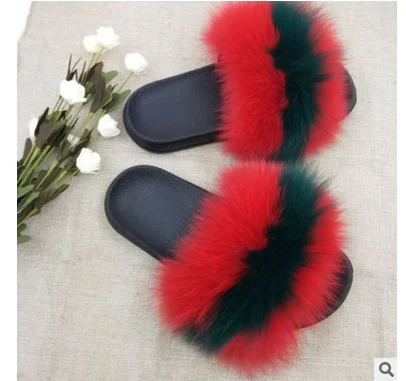 2020 customized Color matching wholesale fur slides fluffy fox slippers  purse real fox fur slippers women Raccoon fur