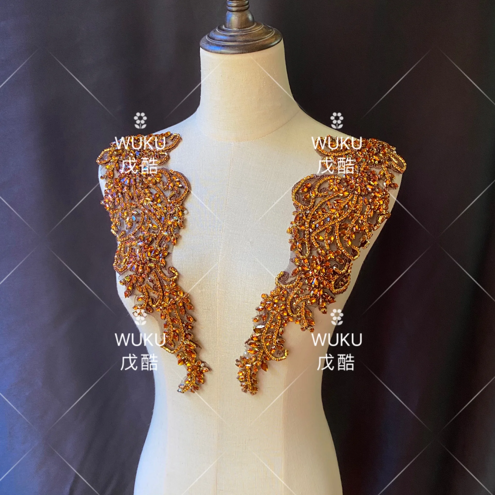 wuku wedding dress lace encrusted bling bling crystal applique patch in coffee brown