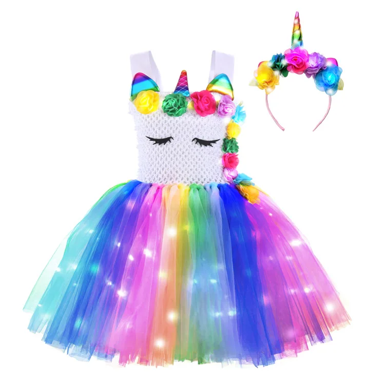 Teenager Fancy Children Party Wear Frock Princess skirts Tutu Dress Baby Girls Birthday Party LED light Unicorn Dresses for Kids