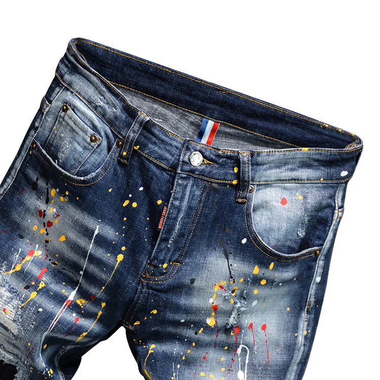 
2021 Hot sale New Men Fashion Jeans Biker jeans Wild Denim Fabric Distressed Spray paint Hole Slim fit pants for Men 