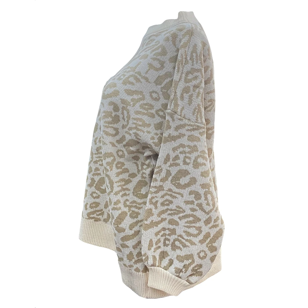 Custom OEM & ODM Logo Women Soft Leopard Sweater Crewneck Jacquard Knitwear Ladies Girls Loose Pullover Cotton Knit Sweaters