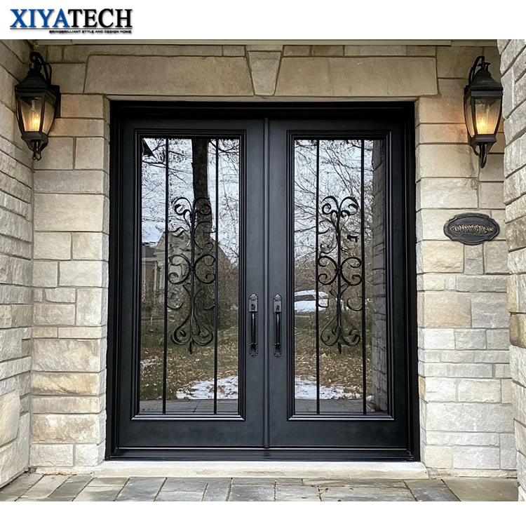 XIYATECH Residential Large Size Storm Security Front Entry Wrought Iron double Entry Door with Smart Lock