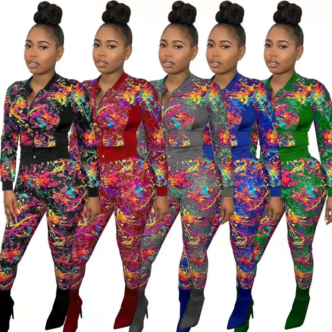 
Wholesale Women Jogging Suits Fashion Printed Patchwork Tracksuit Bodycon 2 Piece Set Women 