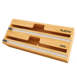 Bamboo Wood Foil Cling Food Shrink Plastic Wrap Dispenser with Slide Cutter