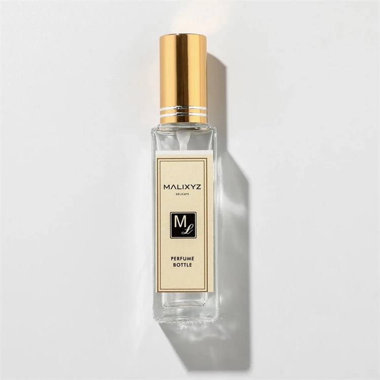 Stock 5ml 10ml 20ml 30ml clear empty square atomizer with pump spray lid perfume bottle gold black silver sprayfor sample
