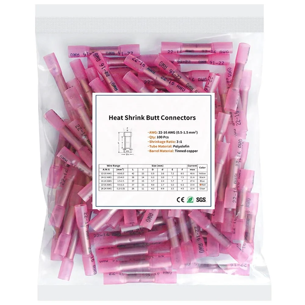 Красные термоусадочные стыковые соединители, 22-16 AWG, изолированные обжимные соединители для проводов, водонепроницаемый электрический соединитель, 100 шт.