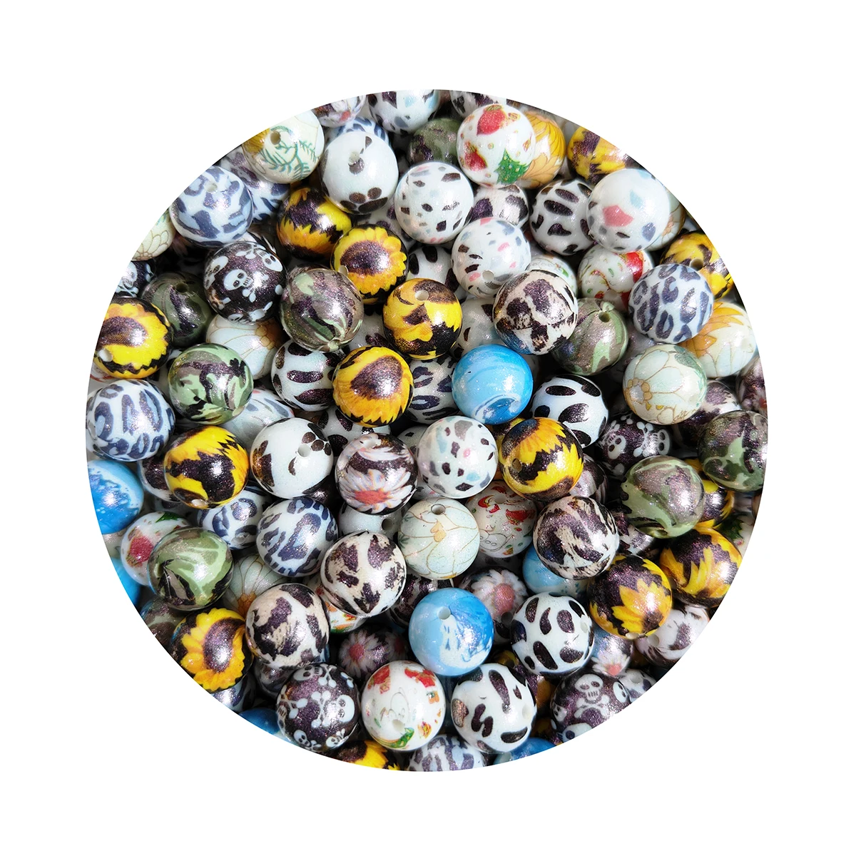 Food Grade 15mm Round Silicone Opal Beads Printed Silicone Teething Loose Beads Silicone Printed Glossy Beads