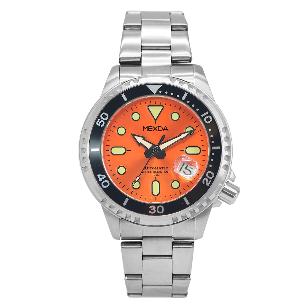 Mexda Charm Watch Stylish Durable Wristwatches Oem Luminous Hands Orange Dial SS Bracelet Automatic Watch for Men Relojes Hombre
