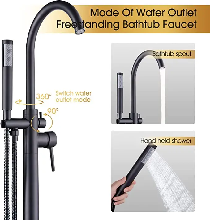 Freestanding Bathtub Faucet Tub Floor Mount Bathroom Faucets Brass Single Handle with Hand Shower High Flow Rate Max 6 GPM