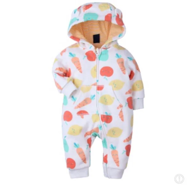 Hot sale China winter baby cotton romper printed cartoon double layers hoodie newborn baby romper