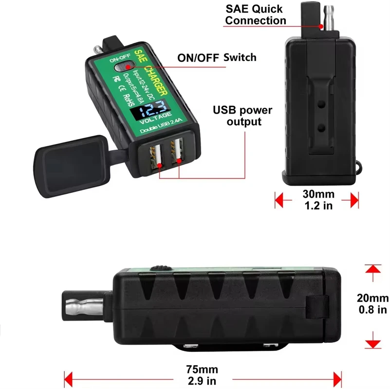 Motorcycle Accessories 5V 3.1A Motorcycle Phone USB Charger SAE to USB Adapter with Voltmeter & ON/OFF Switch