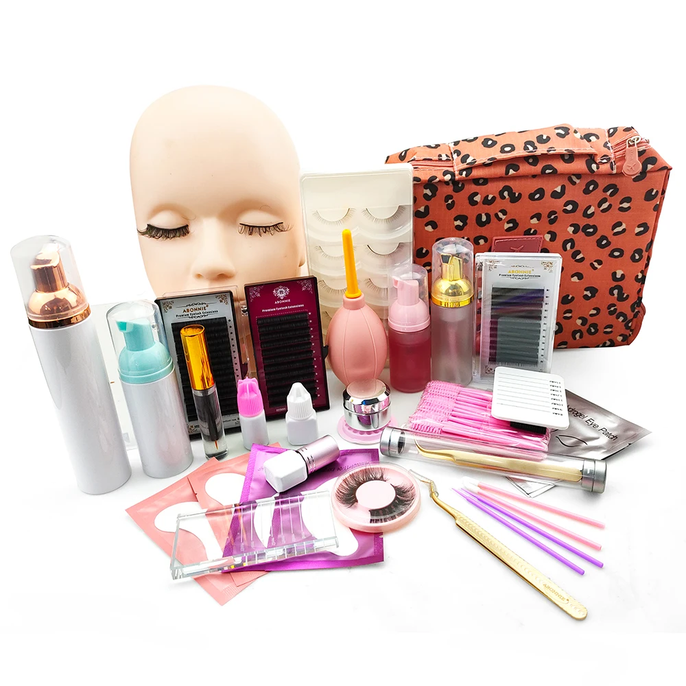 Abonnie Profession Eyelash Extension Practice Exercise Kit Makeup Mannequin Head Set private label Graft eyelash extension kit