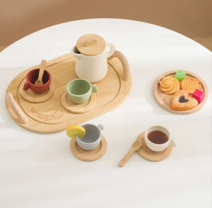 New Arrival Factory Baby Wooden Afternoon Tea Set Dessert Kitchen Toy Educational Pretend Play Toys For Kids