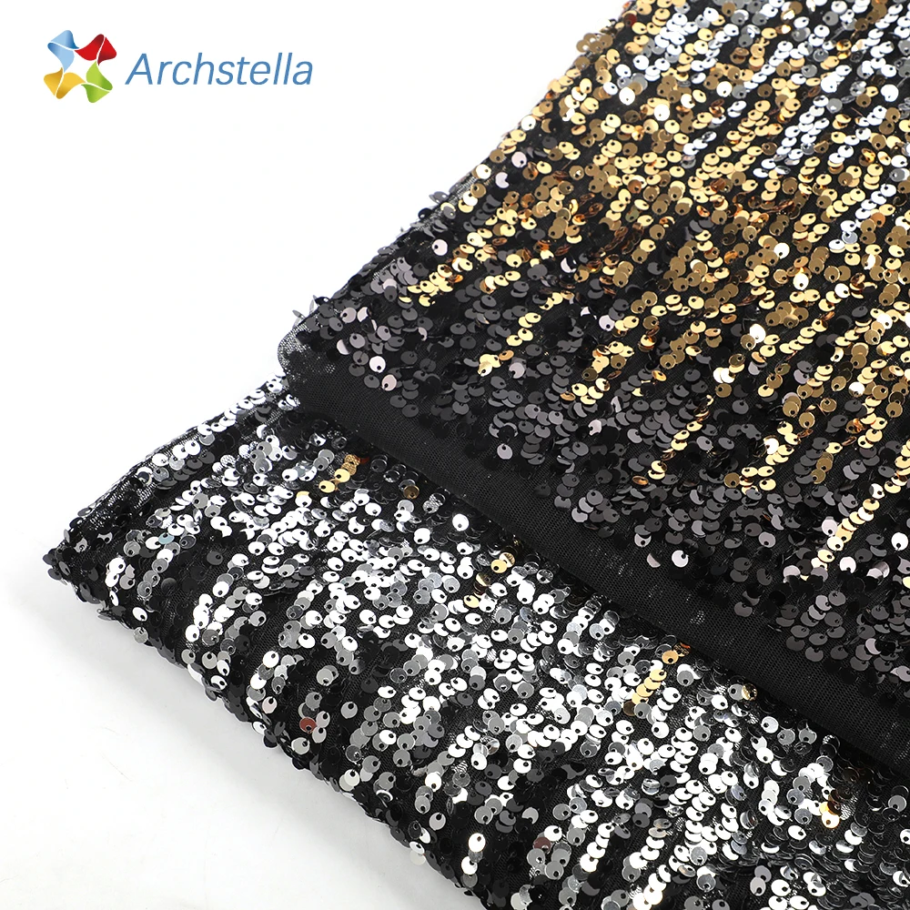 ARCHSTELLA  Black Gold Silver 4-way stretch sequins shiny evening dress fabric on mesh