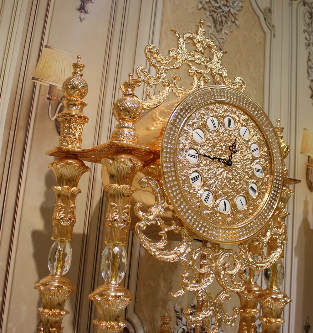 Luxury Golden Bronze Grandfather Clock Royal Crystal Standing Clock Antique Floor Clock