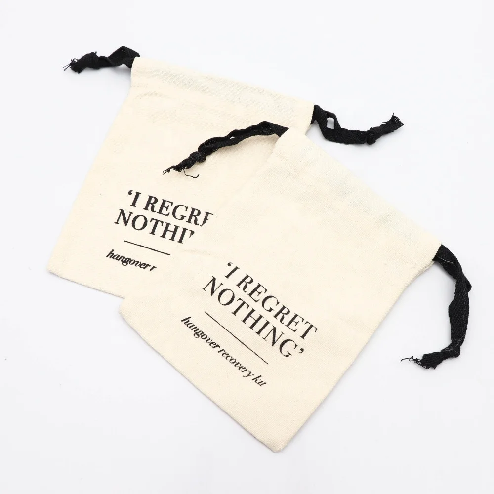 Eco-friendly Nature Canvas Cotton Drawstring Bag Packaging with Black Printing Customized Rope Handled