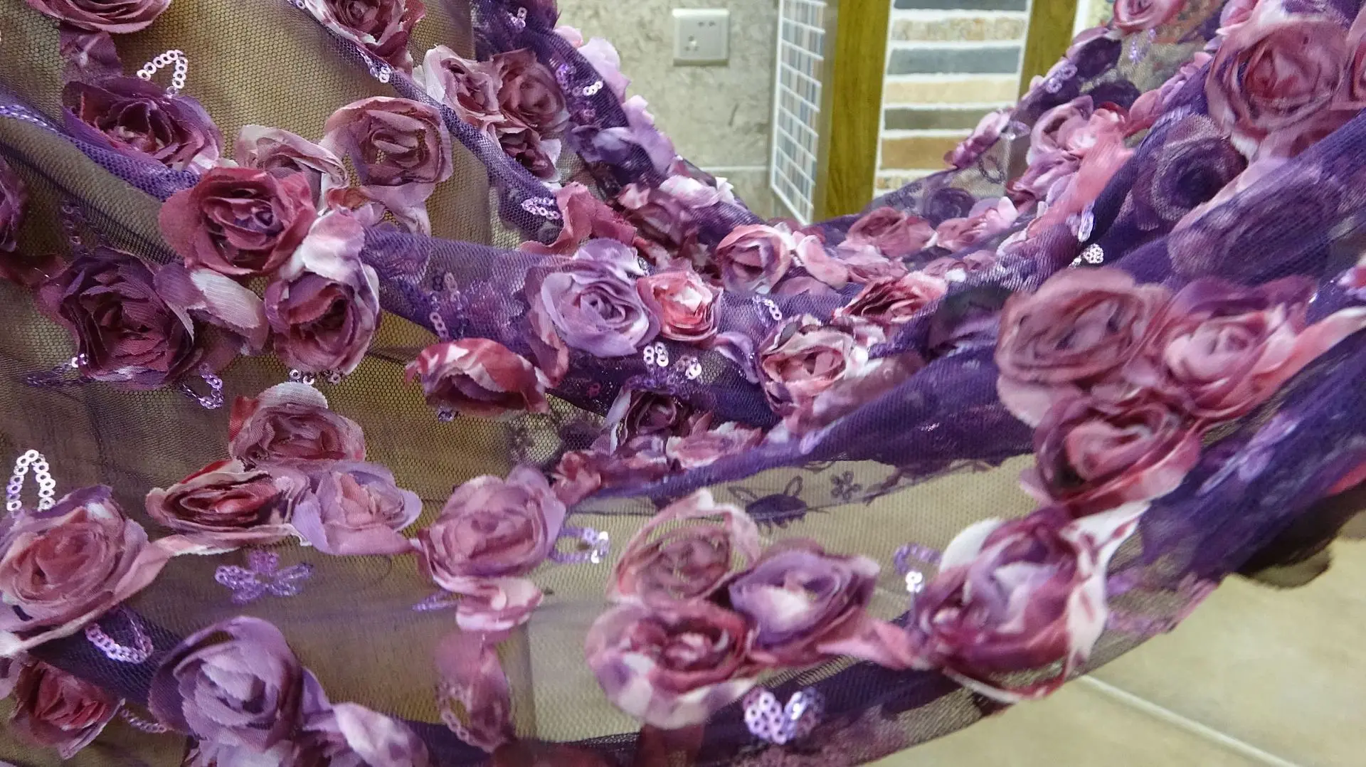 3D bead embroidery mesh rose flower PET bead embroidery mesh dress fabric