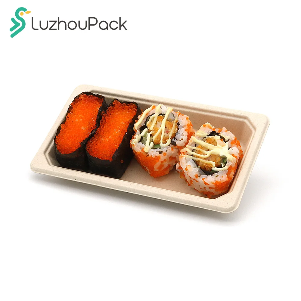 LuzhouPack customized Take Out Sushi Food Packaging Box Square Boat Shape Disposable Bagass Container Sushi Tray with Lid
