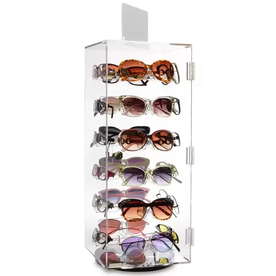 Acrylic Lockable Rotating Eyewear Display Rack Holder Stand With Mirror 24 Frames Customized Acrylic Glasses stand