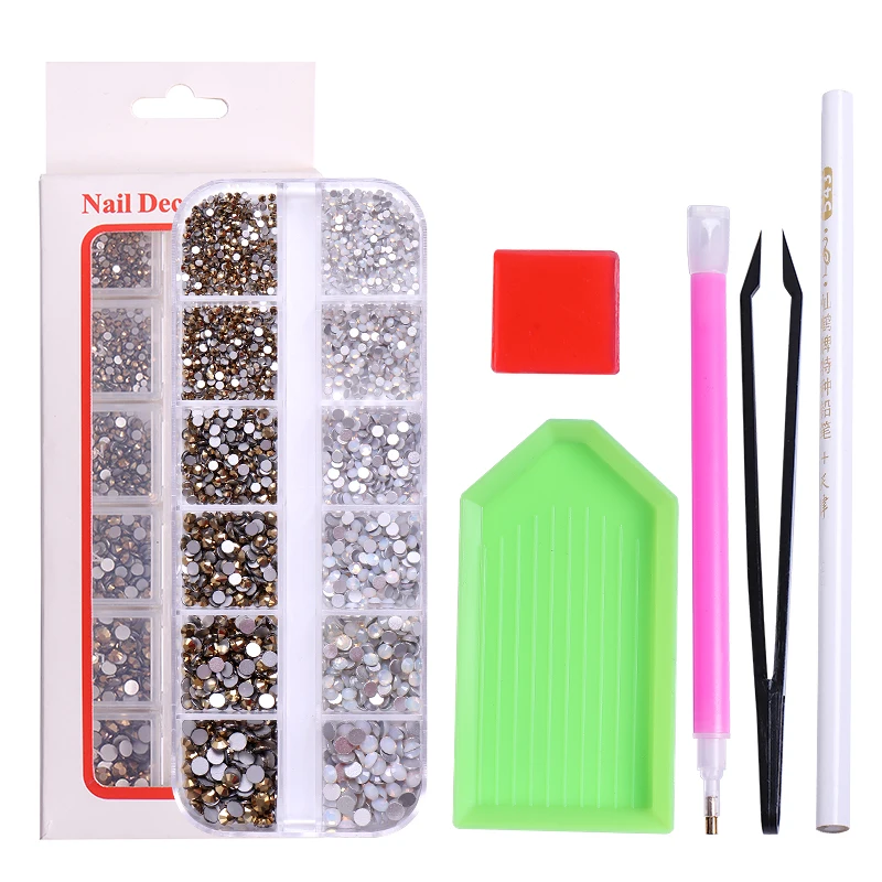 Nail Rhinestones Manicure Tool Kit Multi Sizes Glass Crystal Flatback diamonds Shiny Nail Germs Jewels for Nail Art DIY Crafts