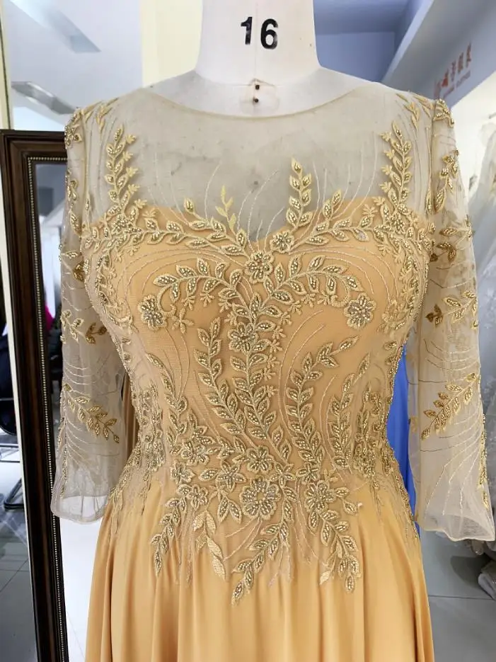 Mustard plus size Embroidery beading long sleeve full back chiffon A line skirt mother of the bride evening dresses for wedding