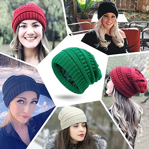 Winter Knitted Satin Lined Green Color Beanie Hats for Women Slouchy Cable Beanie Silky Soft Washed Warm Hat