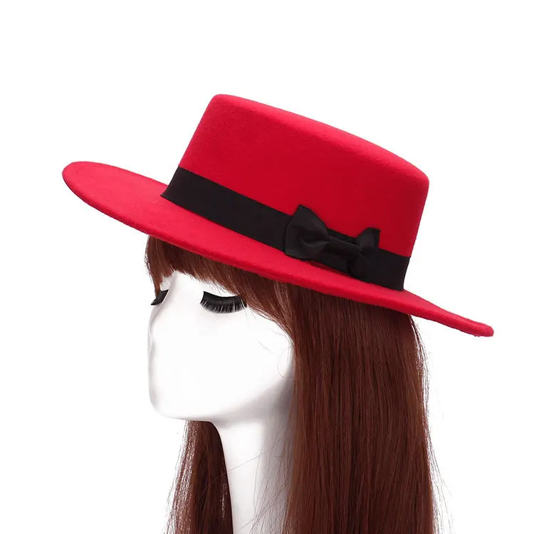 Factory wholesale new fashion custom ladies flat wide brim fedora autumn winter artificial wool felt hat for Female