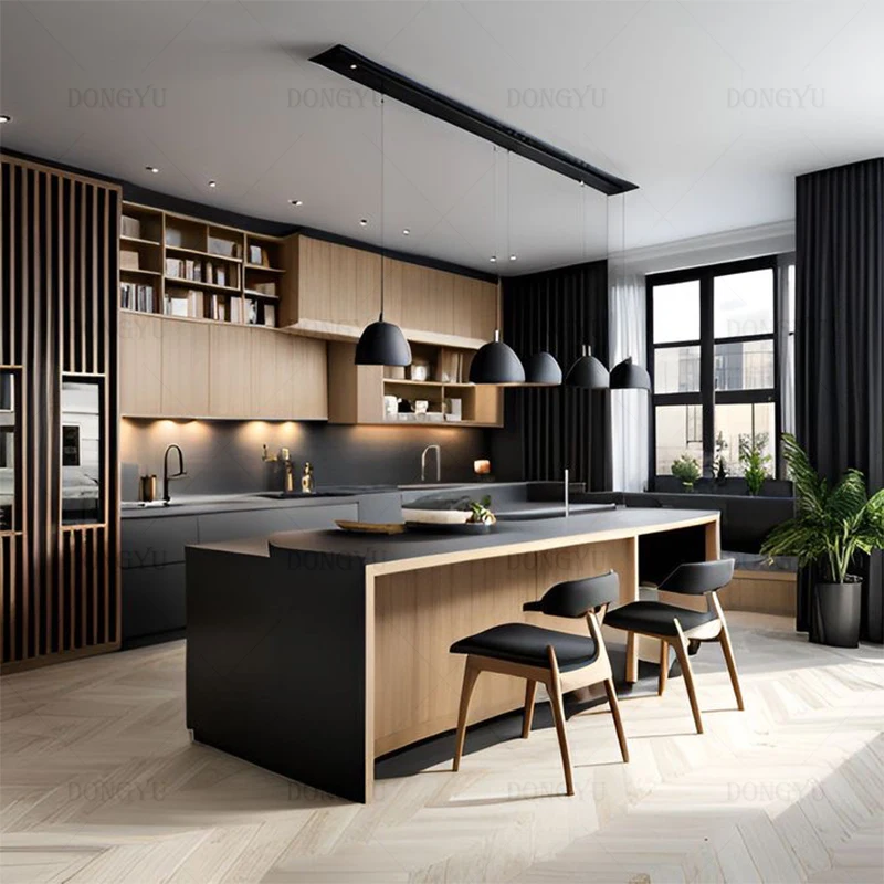 Modern Popular Modular Kitchen Design Wooden Furniture Glass Door Panel Economic Wood Wall Wholesale Kitchen Cabinet