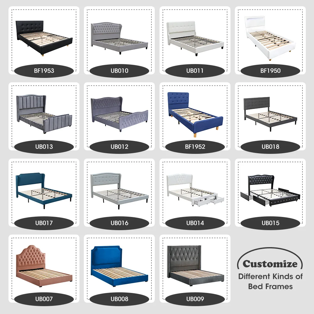 Customize mattress foundation sleep beds base wood platform velvet button-tufted padding headboard wooden upholstered bed frames