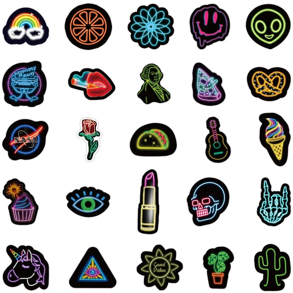 50pcs neon graffiti stickers car water cup notebook computer sticker waterproof wholesale pvc die cut cartoon Adhesive sticker