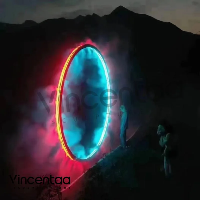 Vincentaa Custom Outdoor Large Ring Stainless Steel Metal Sculpture With LED Lights Modern Public Art