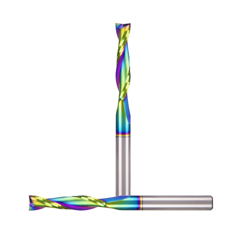 China Factory CNC Router Bit Two Flutes Spiral End Mill Cutters Up Cut Down Cut Milling Cutter with DLC Rainbow Coating
