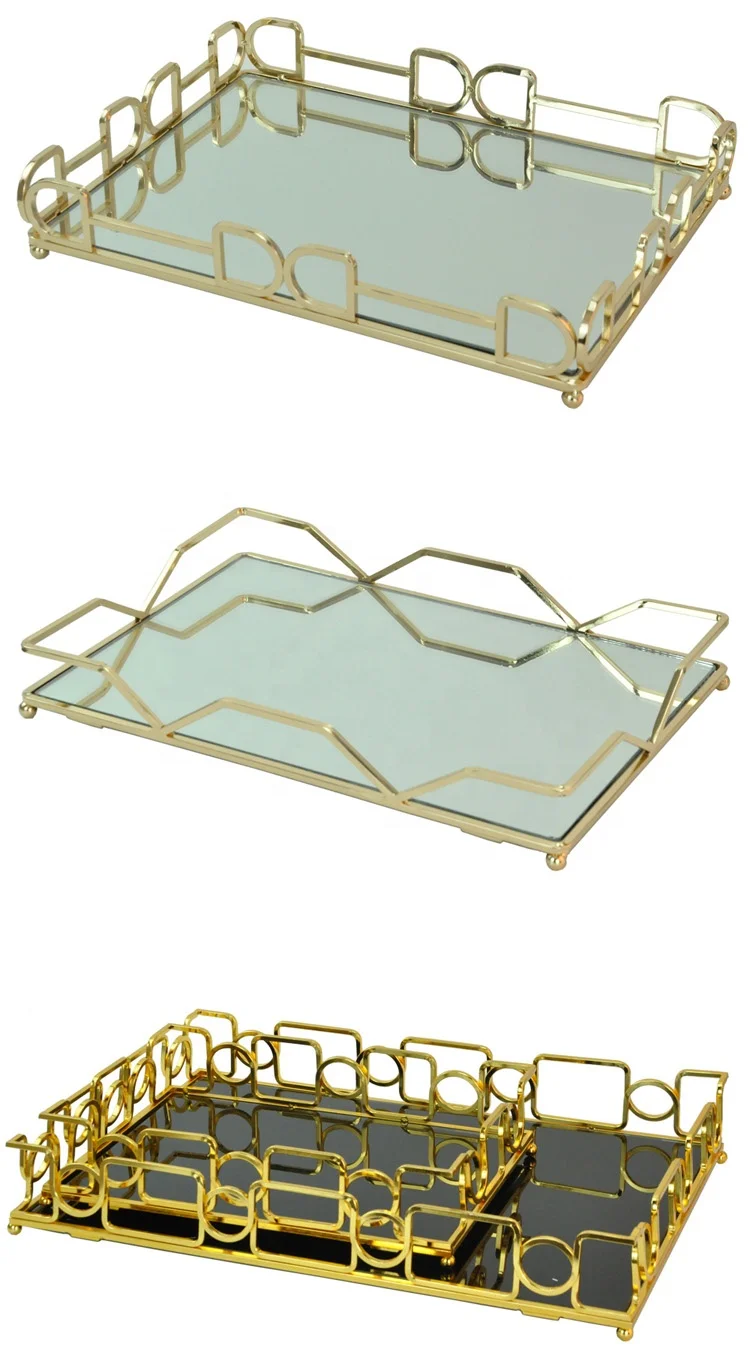 Decorative luxury Mirror Tray Glass Vanity Rectangle Home Decor Gold Metal Perfume Serving Storage Tray