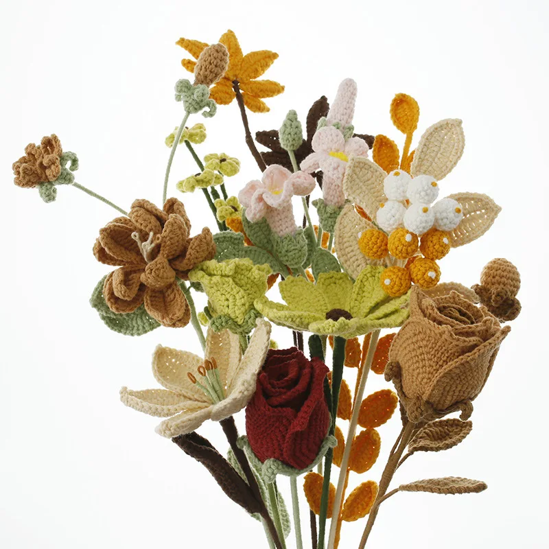 Crochet Flower Handmade Yarn Crochet Flowers Exquisite Rose Hand-Knitting Artificial Flower for Home Decoration