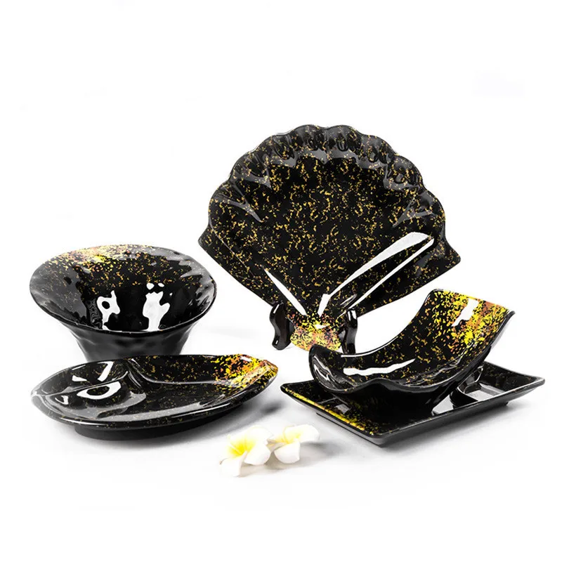 Wholesale Japanese Style Luxury Dinnerware Black Gold Irregular Melamine Plates Dishes Dinner Set