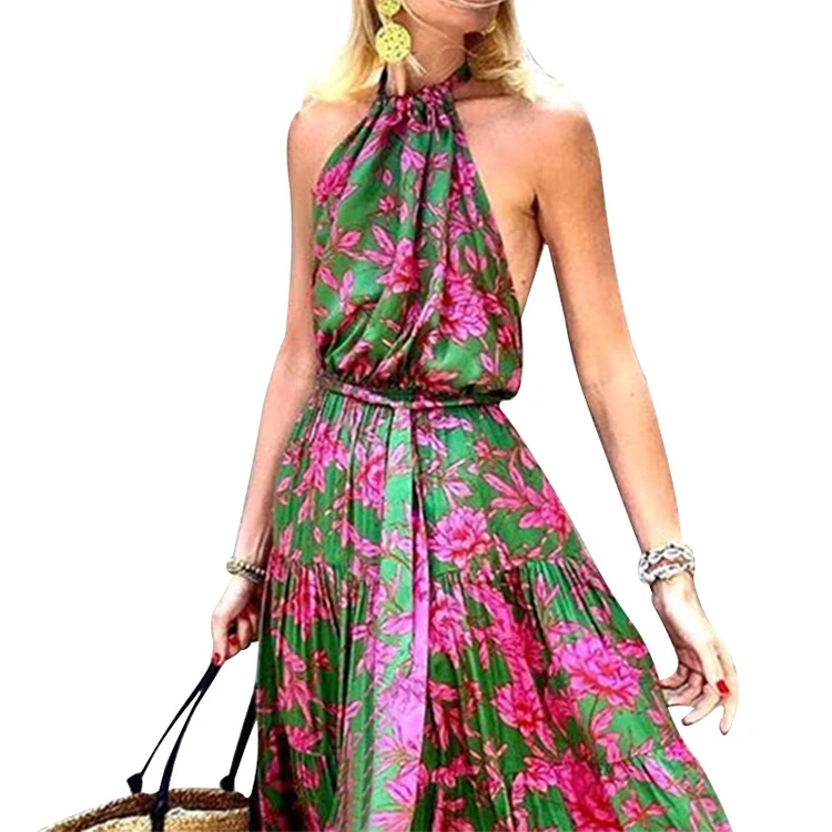 Wholesale New Style Elegant Floral Printing Chiffon Maxi Bohemia Dress Women Halter Sleeveless Long A-line Dress
