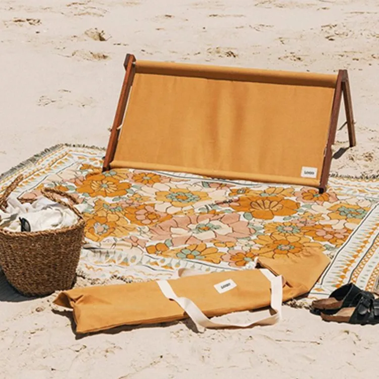 BR Large Sand free Waterproof 2 Adult Padded Beach Mat Chairs Picnic Blanket Outdoor Wooden Frame Canvas Sun Bed Lounge Recliner