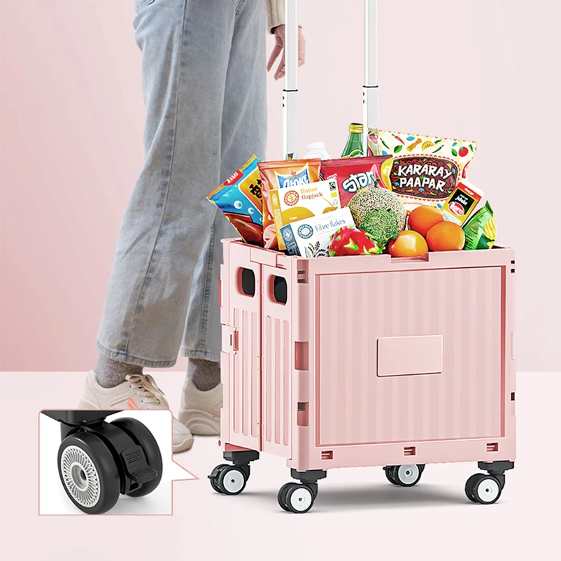 Factory Grocery Folding Shopping Cart Bags Shopping Cart Storage Organizer Stair Climbing Trolley Foldable Trolley Plastic Pink