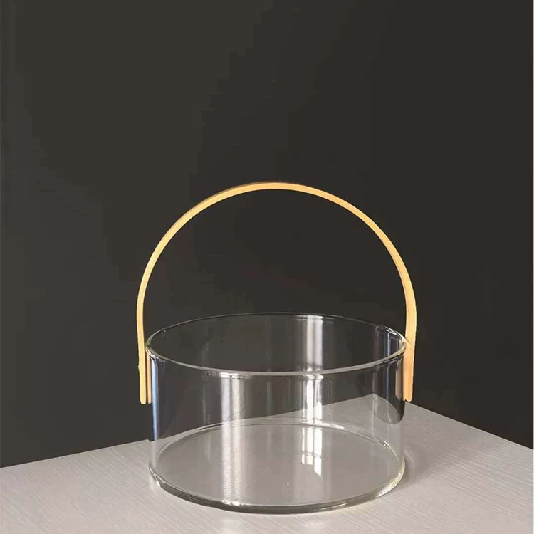 Antique clear rounded fruit candy dish glass basket with wooden handle